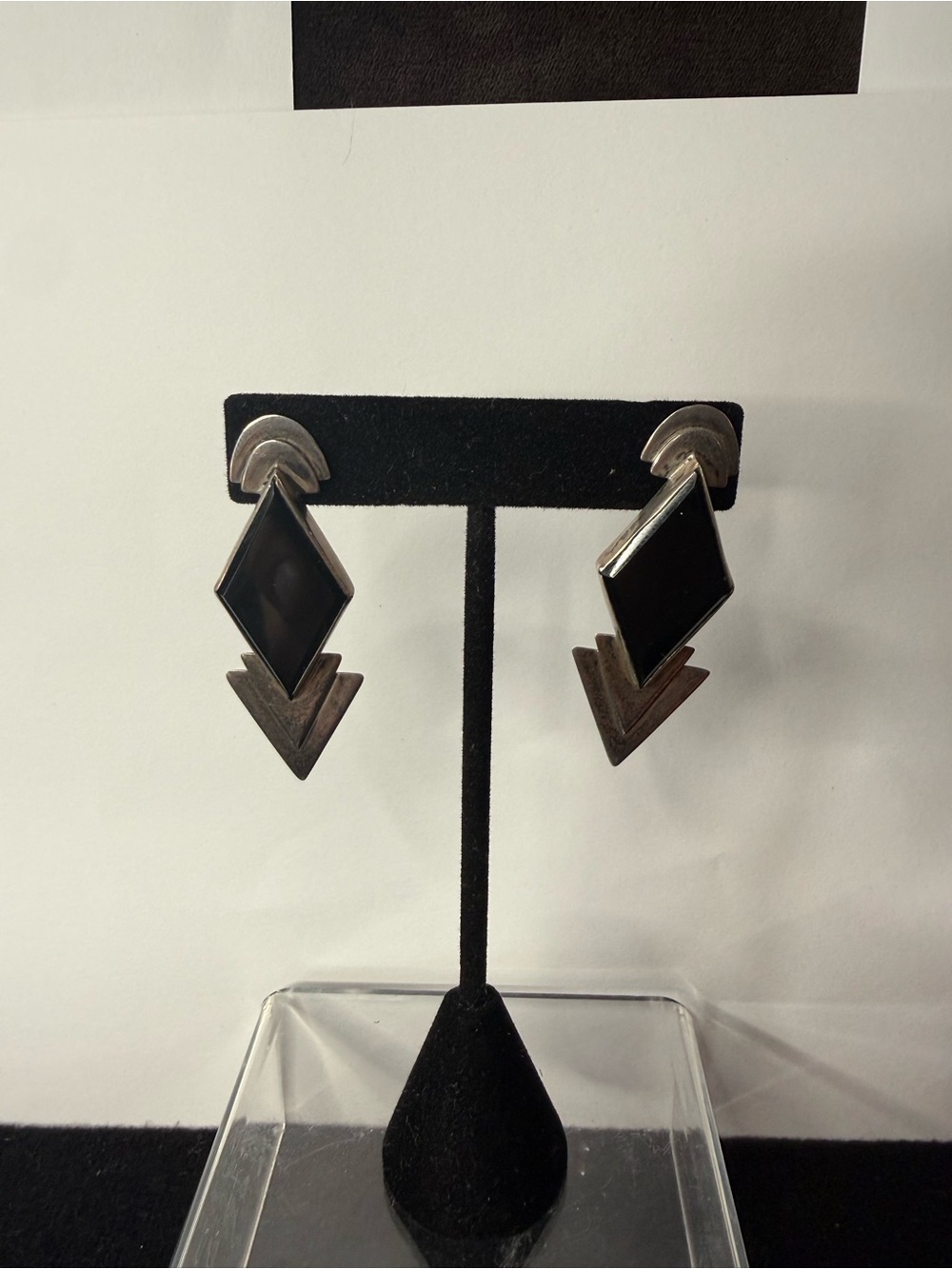 VTG 925 Sterling Onyx Drop Stud Earrings